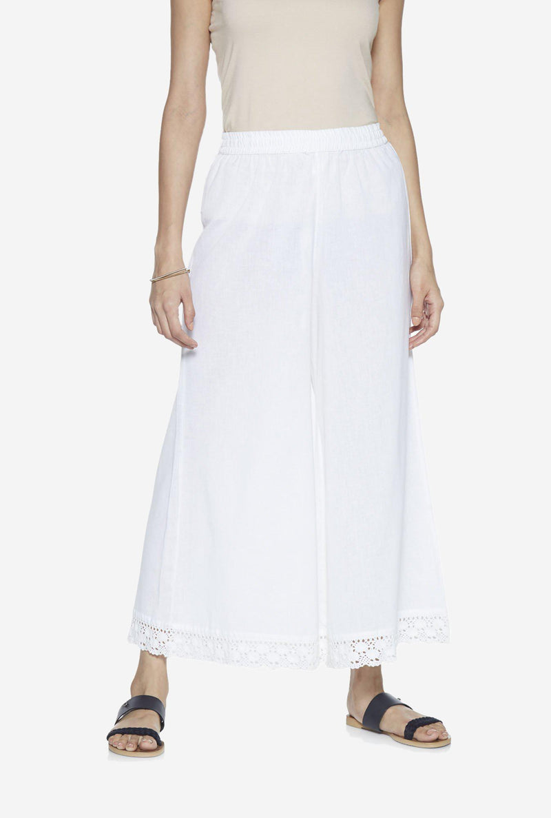 Utsa White Flared Lace Detail Cotton-Linen Palazzos
