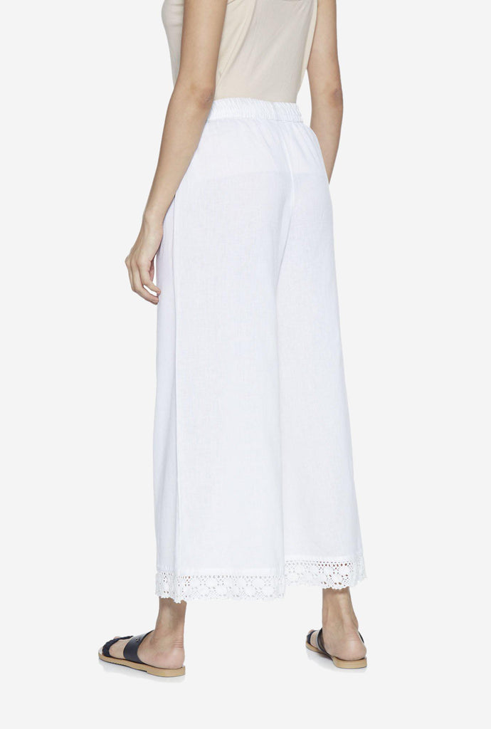 Utsa White Flared Lace Detail Cotton-Linen Palazzos