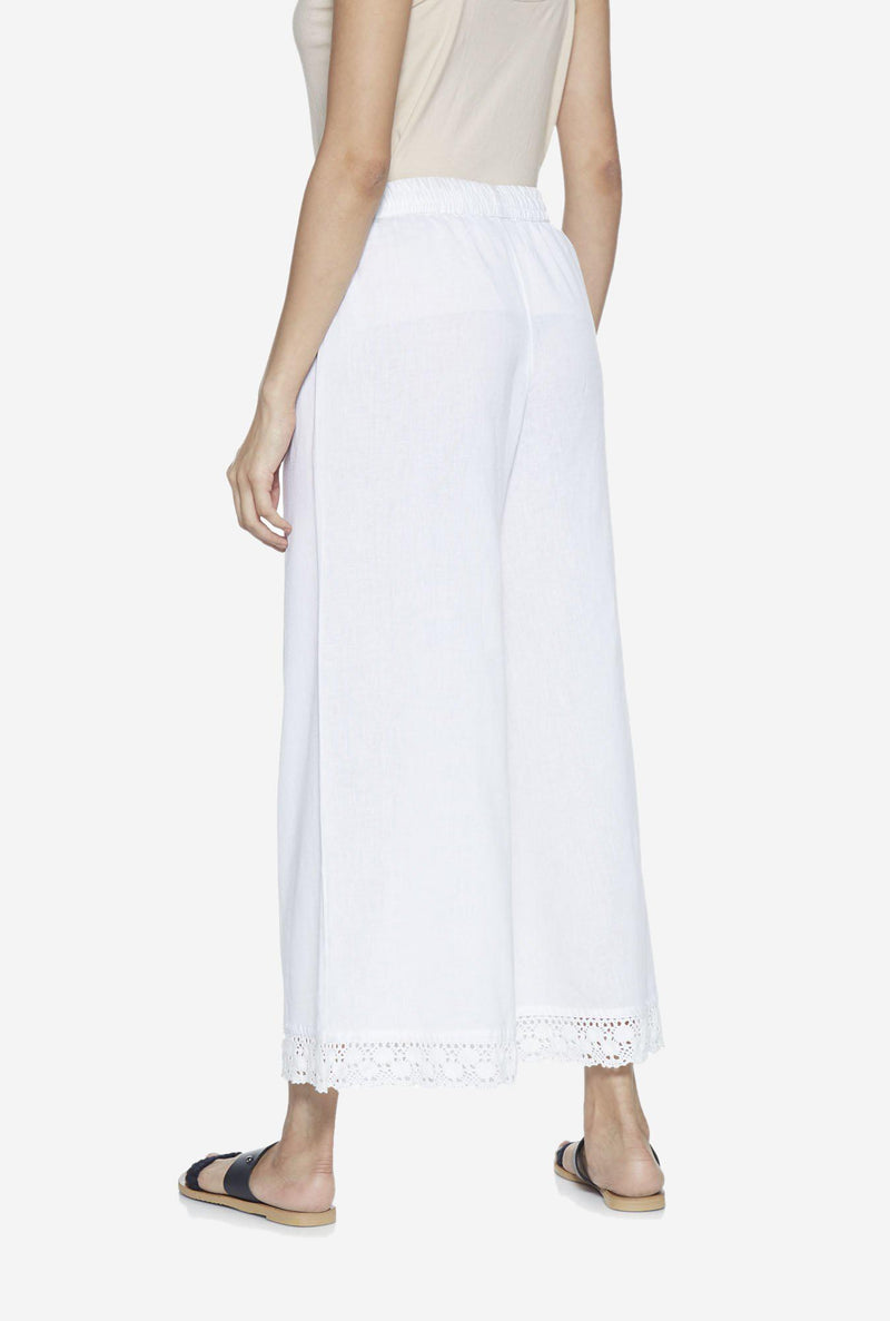Utsa White Flared Lace Detail Cotton-Linen Palazzos