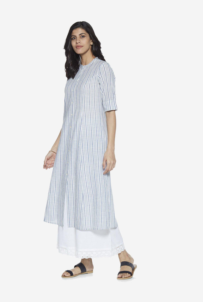 Utsa White Flared Lace Detail Cotton-Linen Palazzos