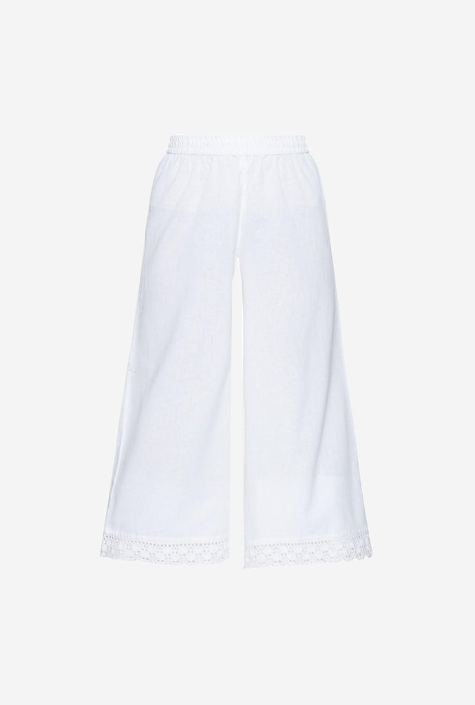 Utsa White Flared Lace Detail Cotton-Linen Palazzos