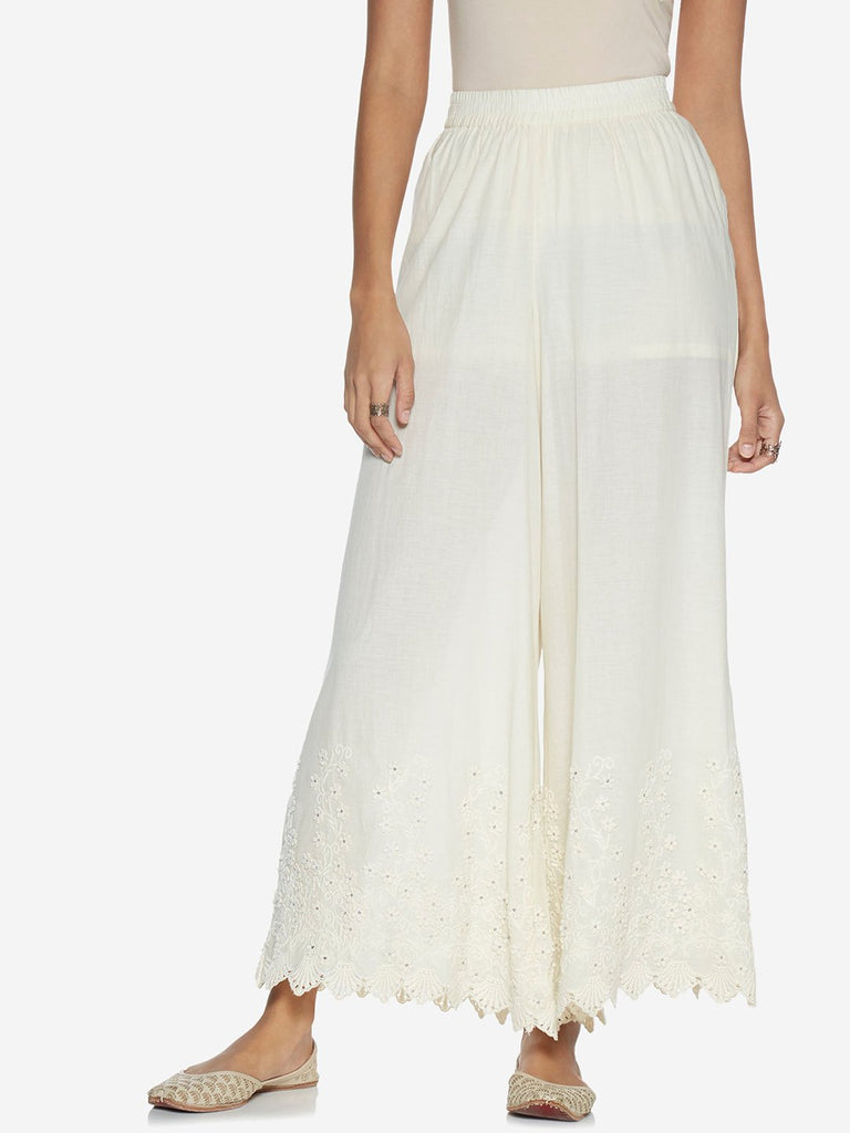 Zuba Off-White Pure Cotton Floral Palazzos
