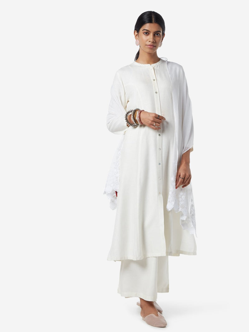 Zuba White Embroidered Cotton-Silk Stole