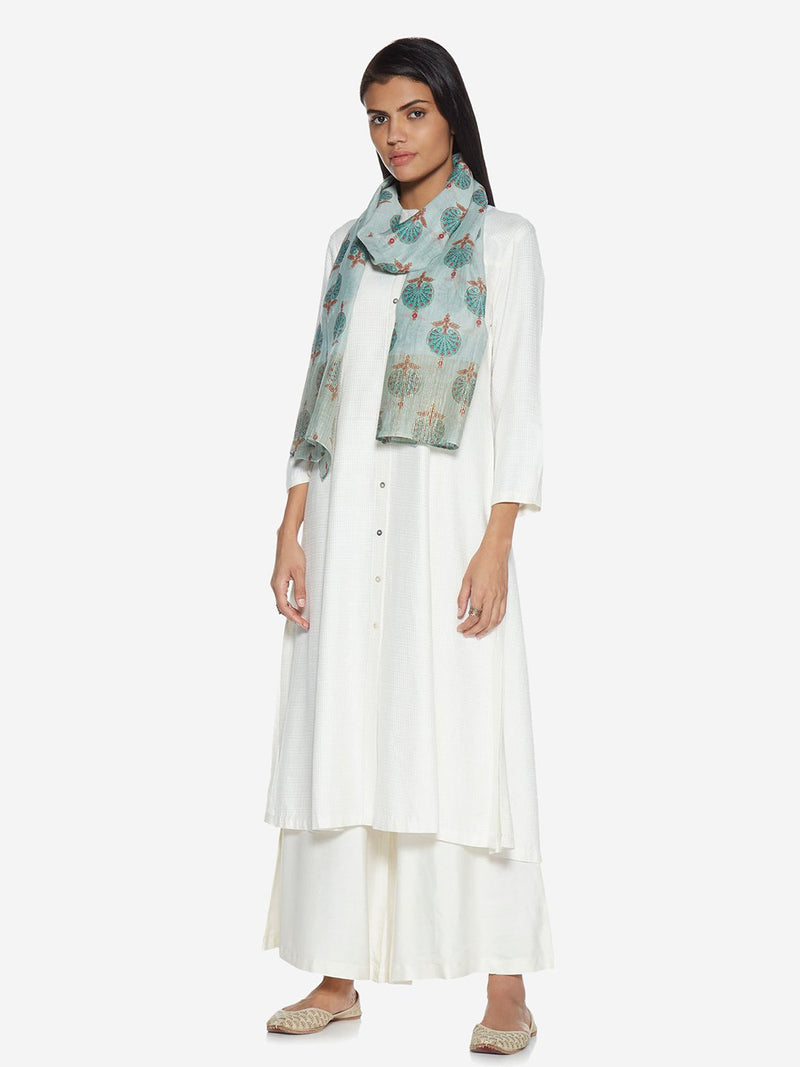 Zuba Mint Ethnic Print Cotton-Silk Stole