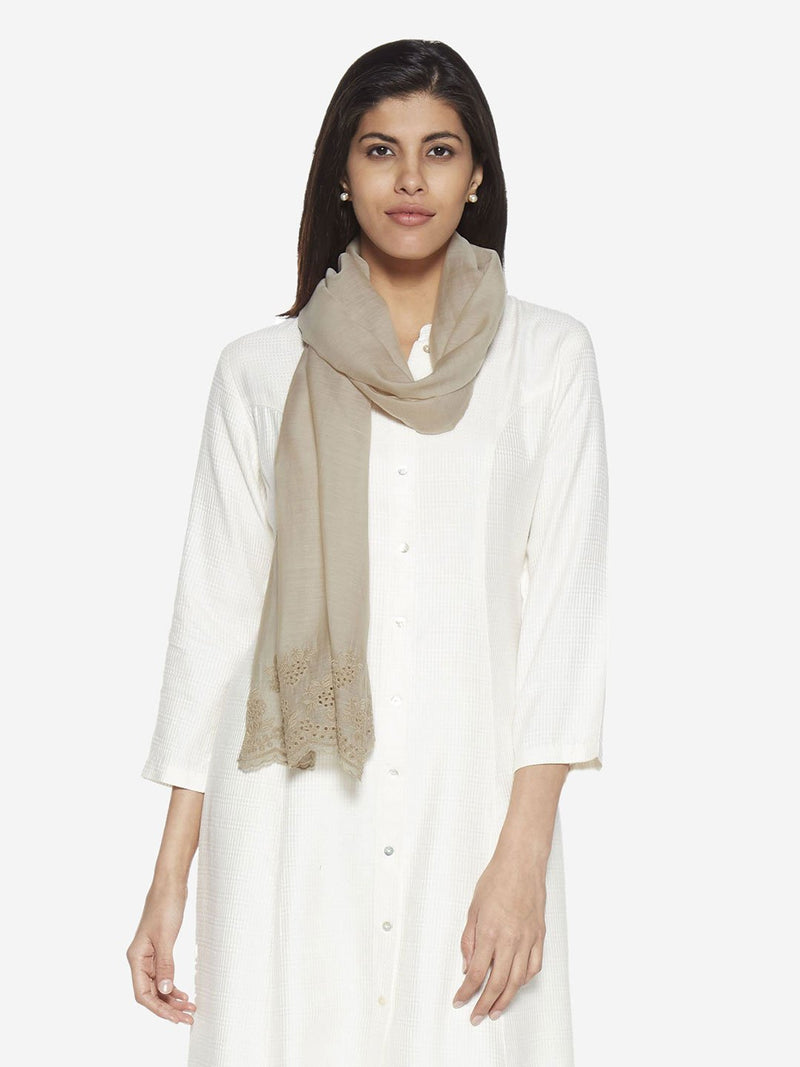 Zuba Beige Cotton-Silk Embroidered Stole