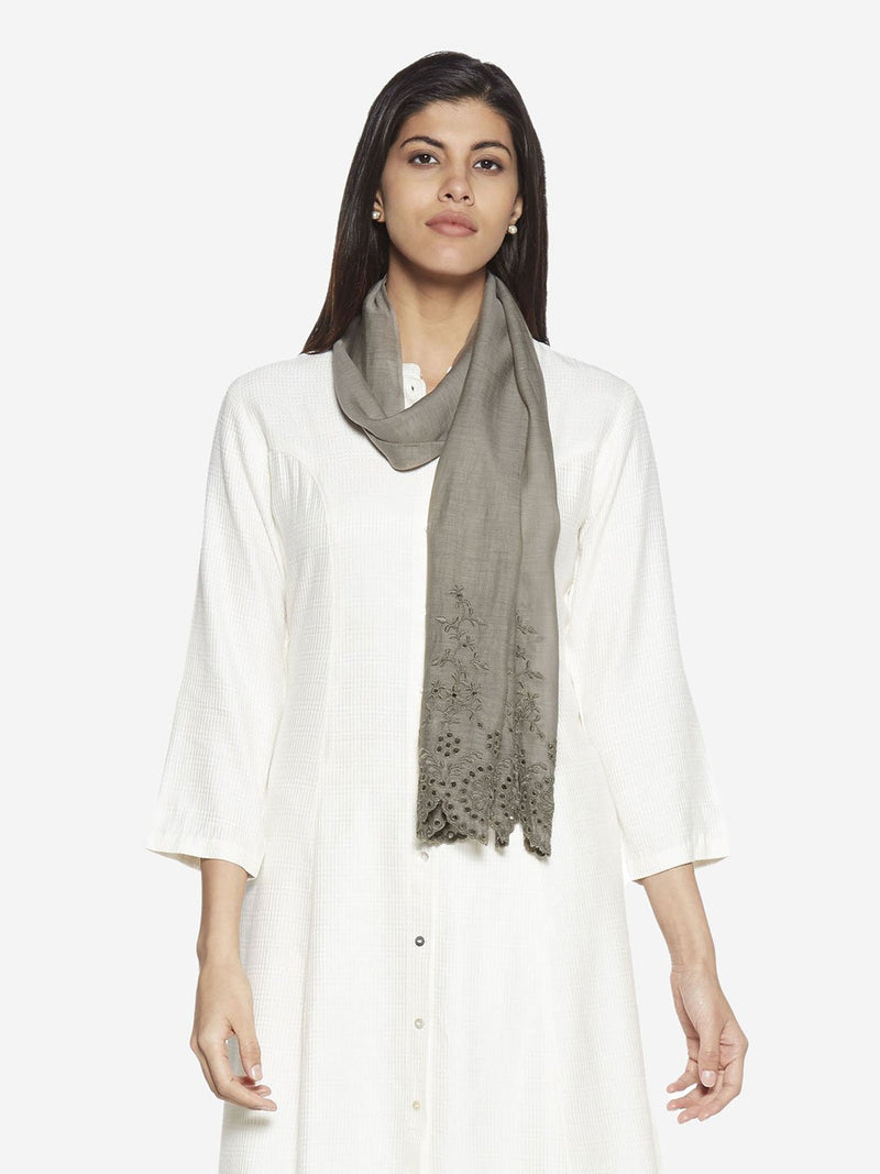 Zuba Grey Cotton-Silk Embroidered Stole
