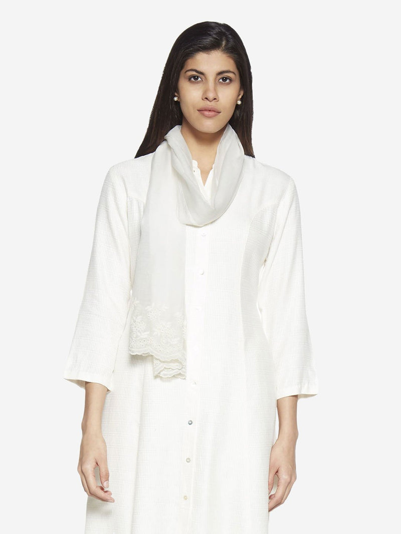 Zuba White Cotton-Silk Embroidered Stole