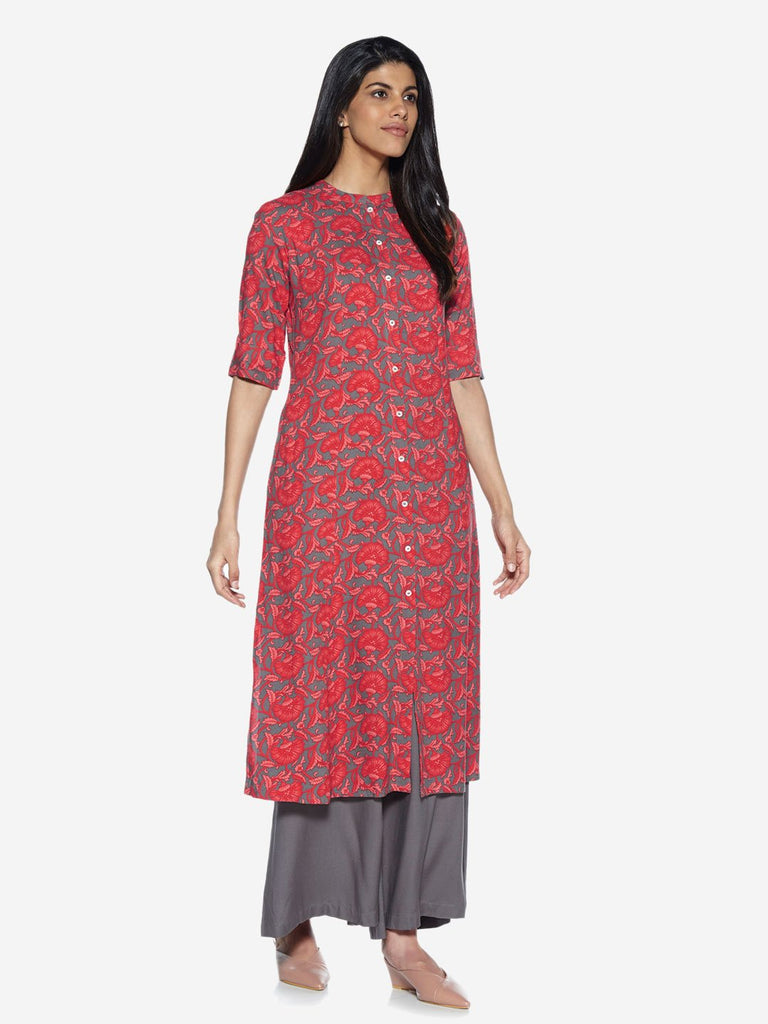 Utsa Coral Floral Printed A-Line Kurta