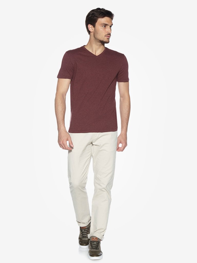 WES Casuals Maroon Melange Slim Fit T-Shirt