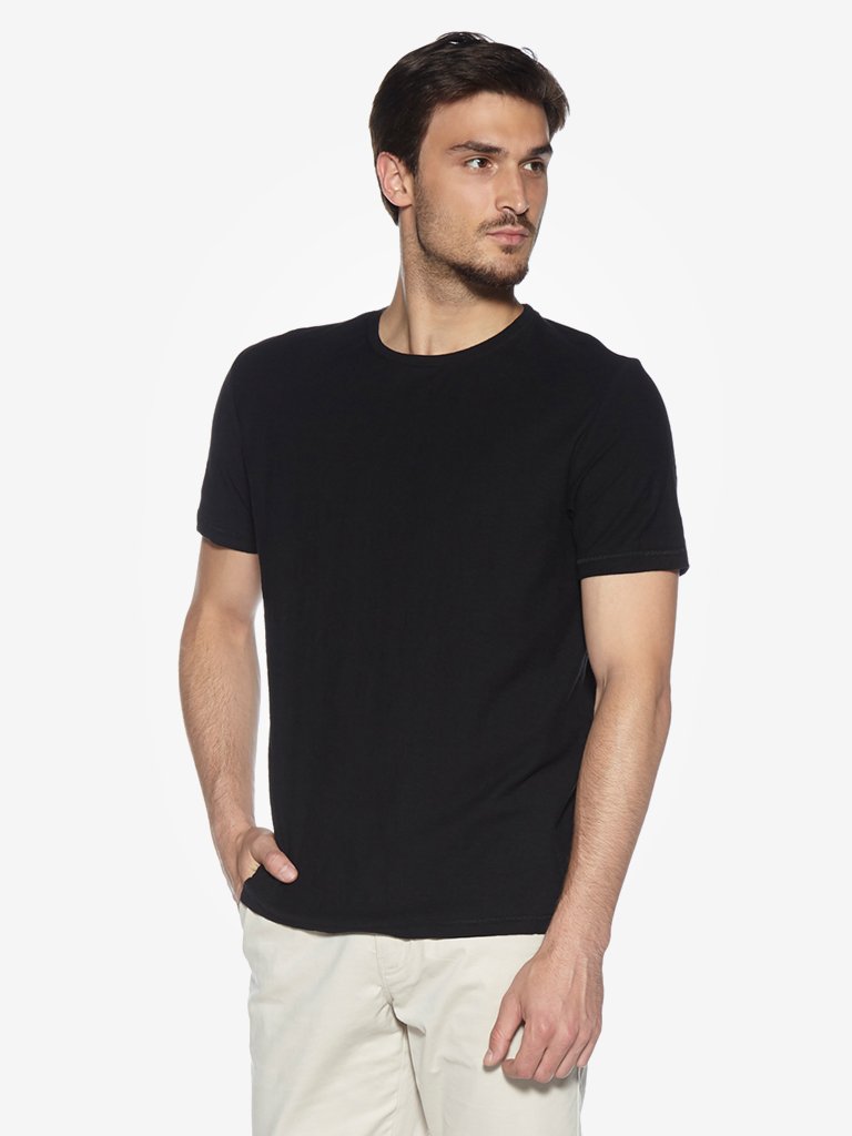 WES Casuals Black Slim Fit Crewneck T-Shirt