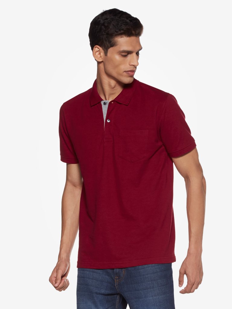 WES Casuals Maroon Slim Fit Polo T-Shirt