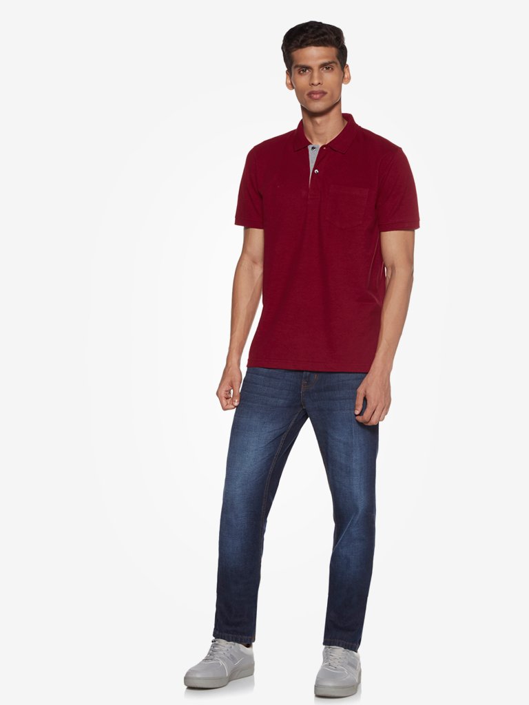WES Casuals Maroon Slim Fit Polo T-Shirt