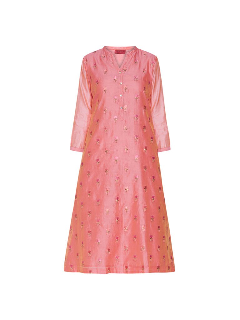 Zuba Pink Floral Embroidery A-line Kurta