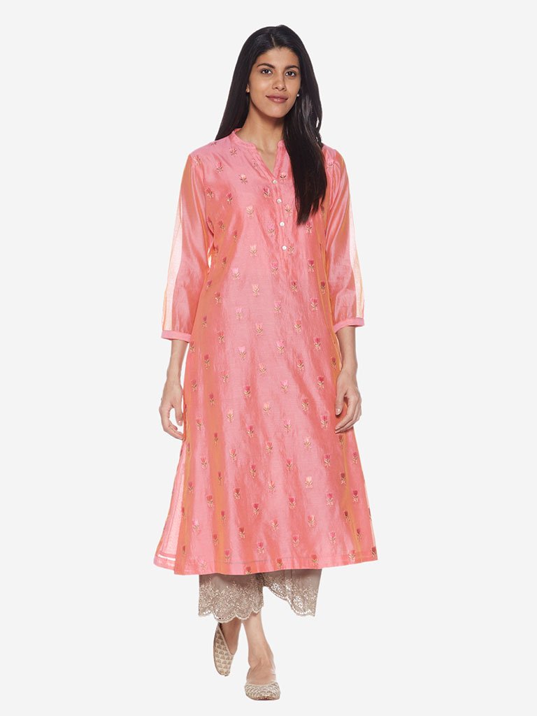 Zuba Pink Floral Embroidery A-line Kurta