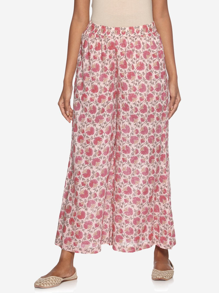 Zuba Pink Floral Print Flared Palazzos