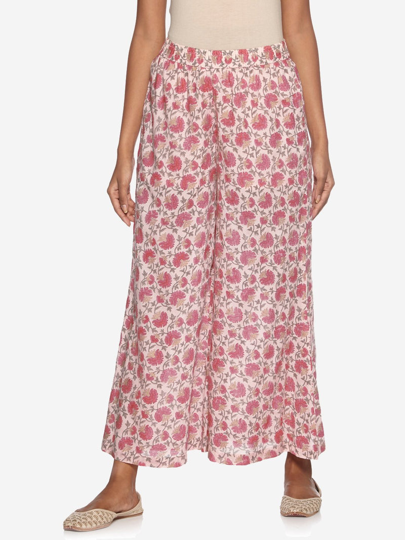 Zuba Pink Floral Print Flared Palazzos