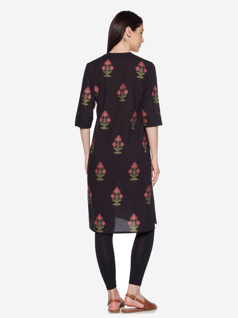 Utsa Black Floral Print Straight Kurta