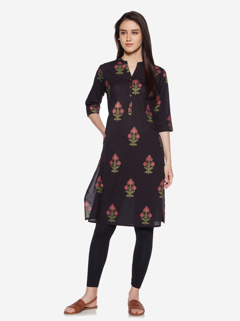 Utsa Black Floral Print Straight Kurta