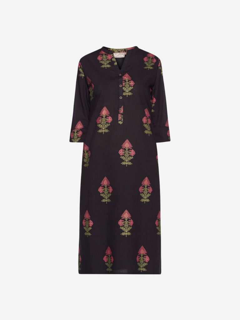 Utsa Black Floral Print Straight Kurta