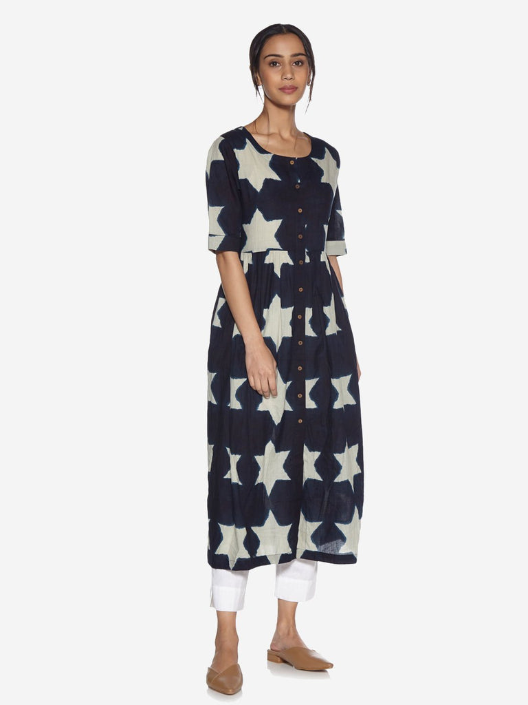 Utsa Indigo Star Print Fit-And-Flare Kurta