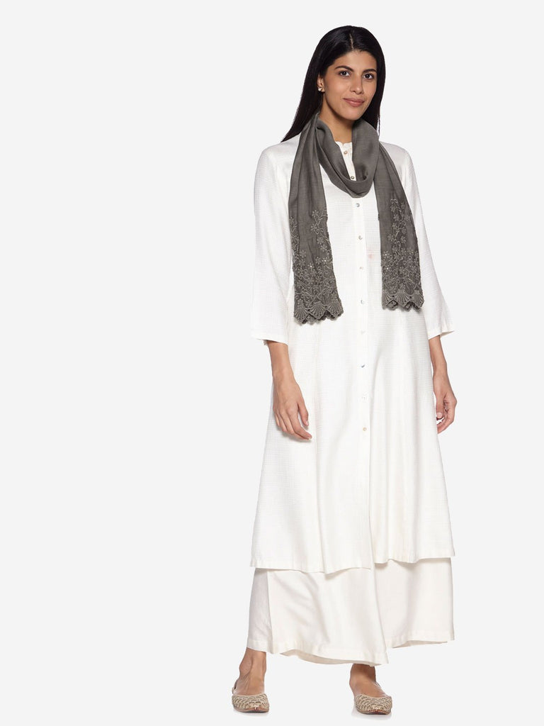 Zuba Grey Silk Blend Embroidered Dupatta
