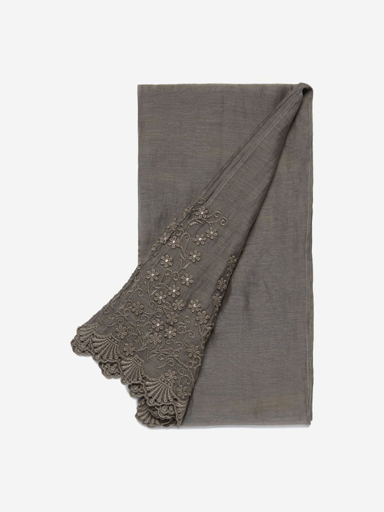 Zuba Grey Silk Blend Embroidered Dupatta