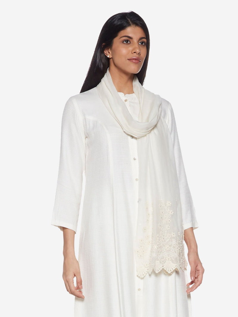 Zuba Off-White Silk Blend Embroidered Stole