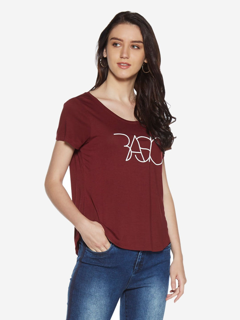 LOV Burgundy Text Patterned Sherry T-Shirt
