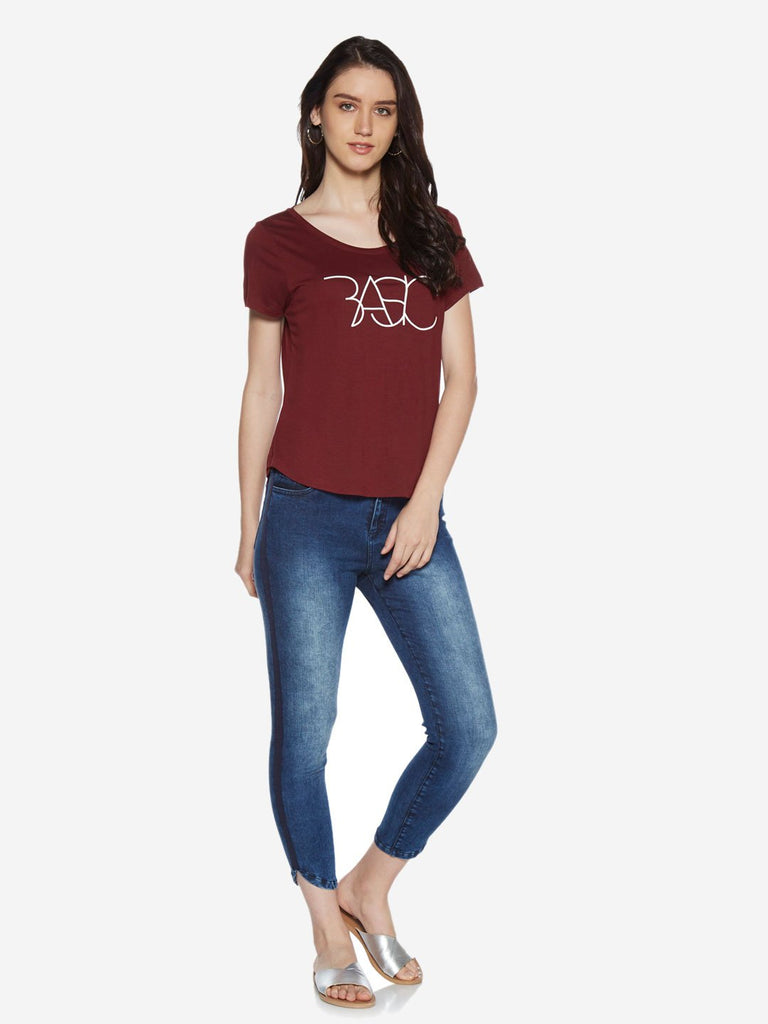 LOV Burgundy Text Patterned Sherry T-Shirt