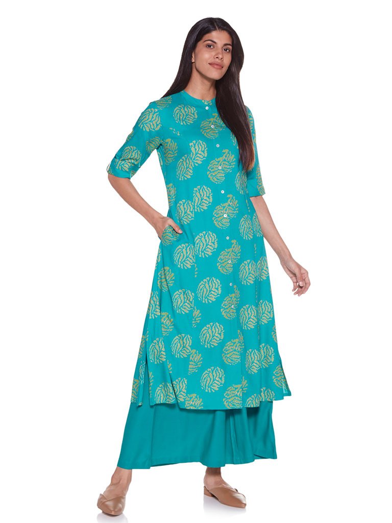 Utsa Turquoise Printed A-Line Kurta
