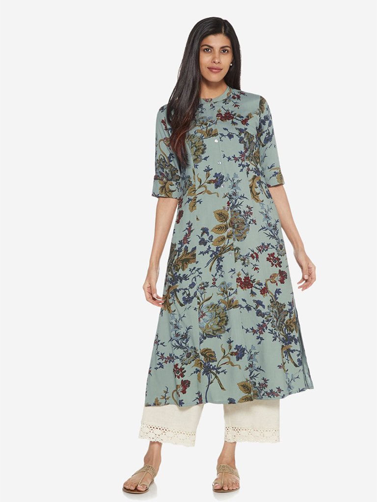 Utsa Green A-Line Floral Printed Kurta