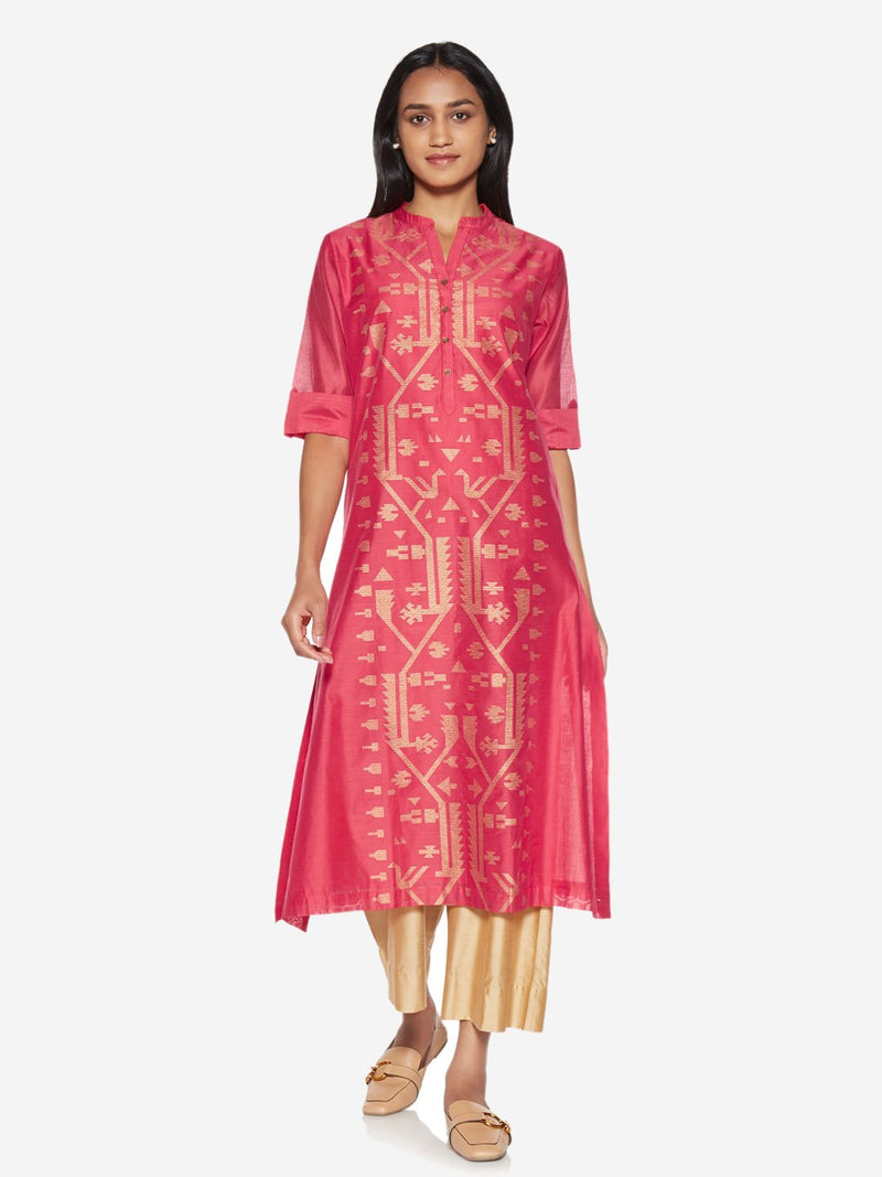 Utsa Pink Geometrical Print A-line Kurta