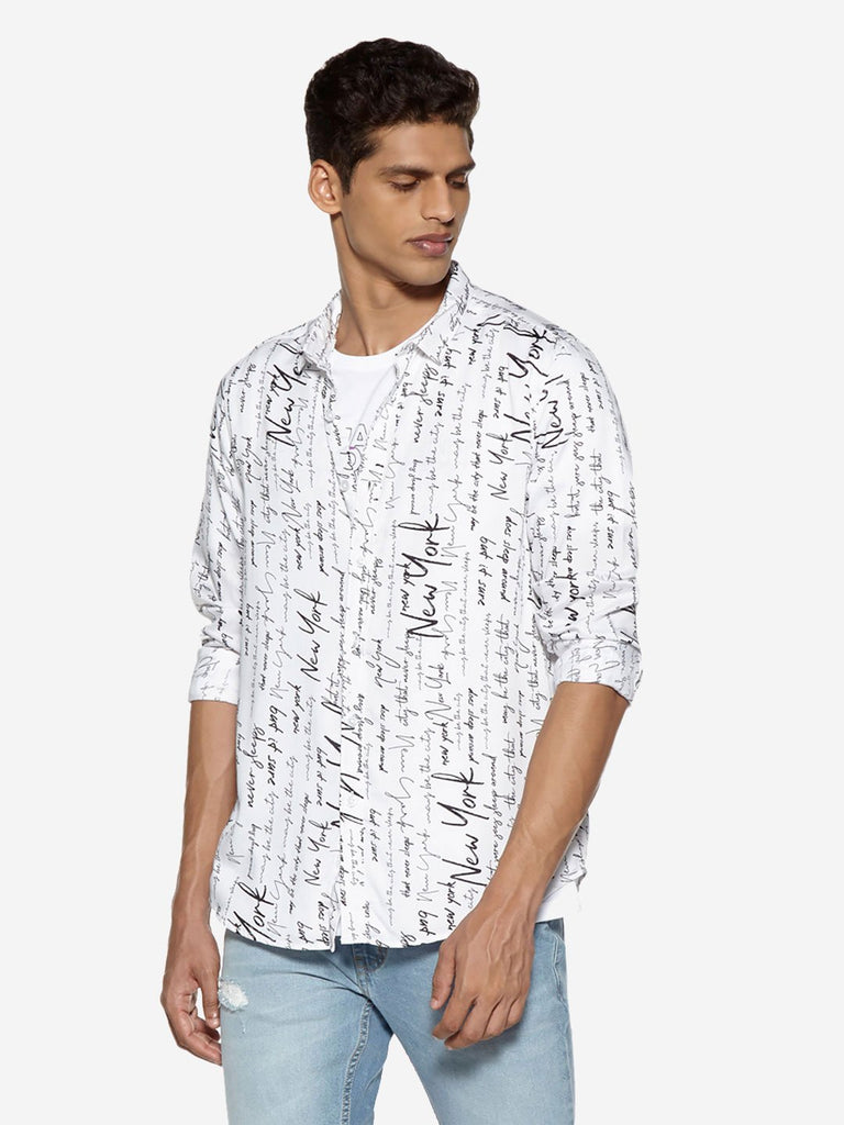 Nuon White Text Patterned Relaxed Fit Shirt