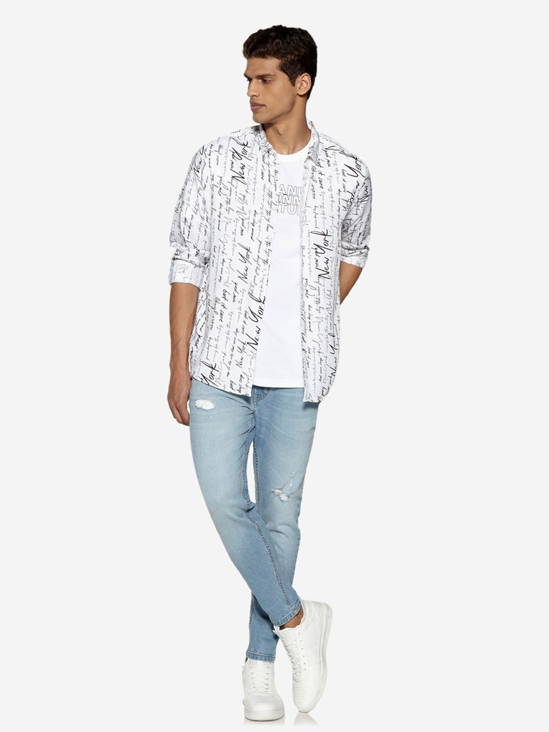 Nuon White Text Patterned Relaxed Fit Shirt
