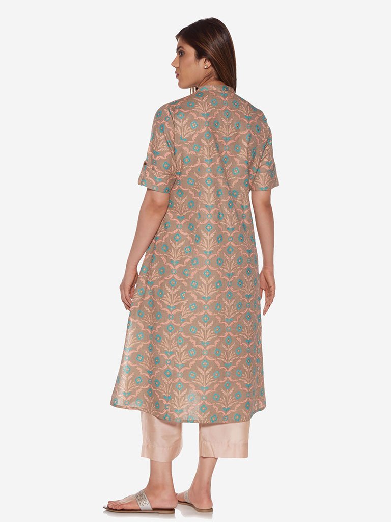 Diza curve Peach A-Line Floral Print Kurta