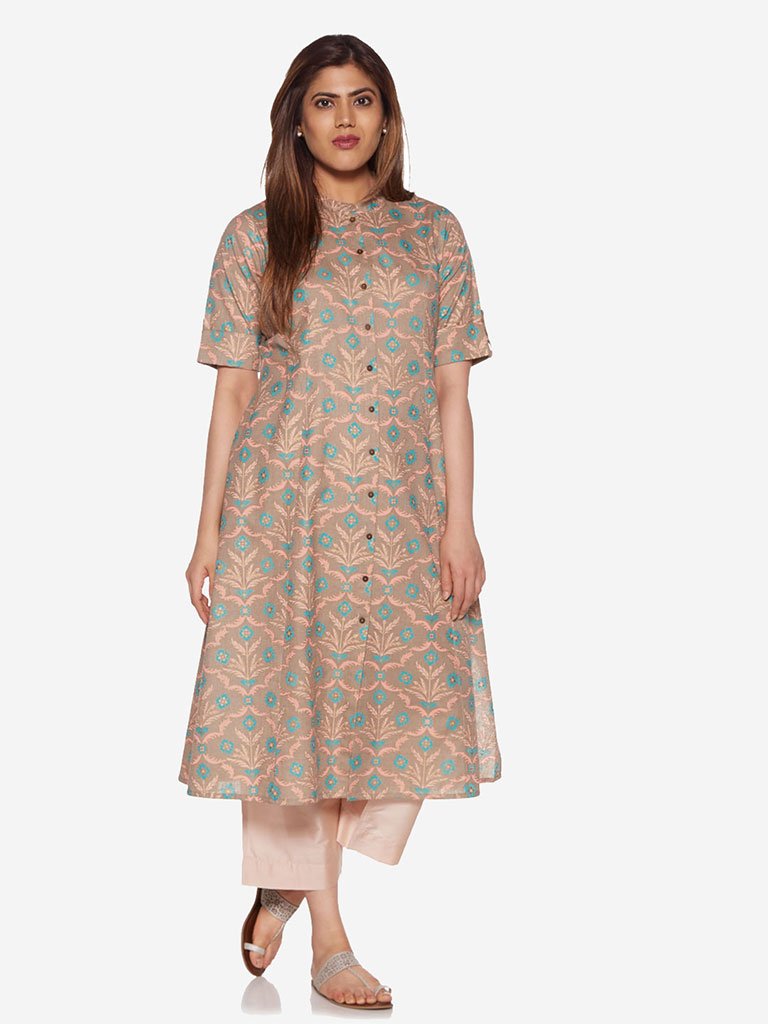 Diza curve Peach A-Line Floral Print Kurta
