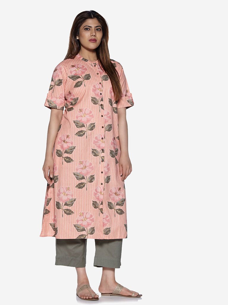 Diza Curve Peach Striped A-Line Kurta