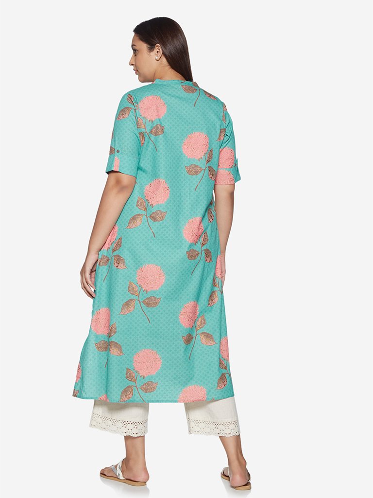 Diza Curve Turquoise Floral Print A-line Kurta