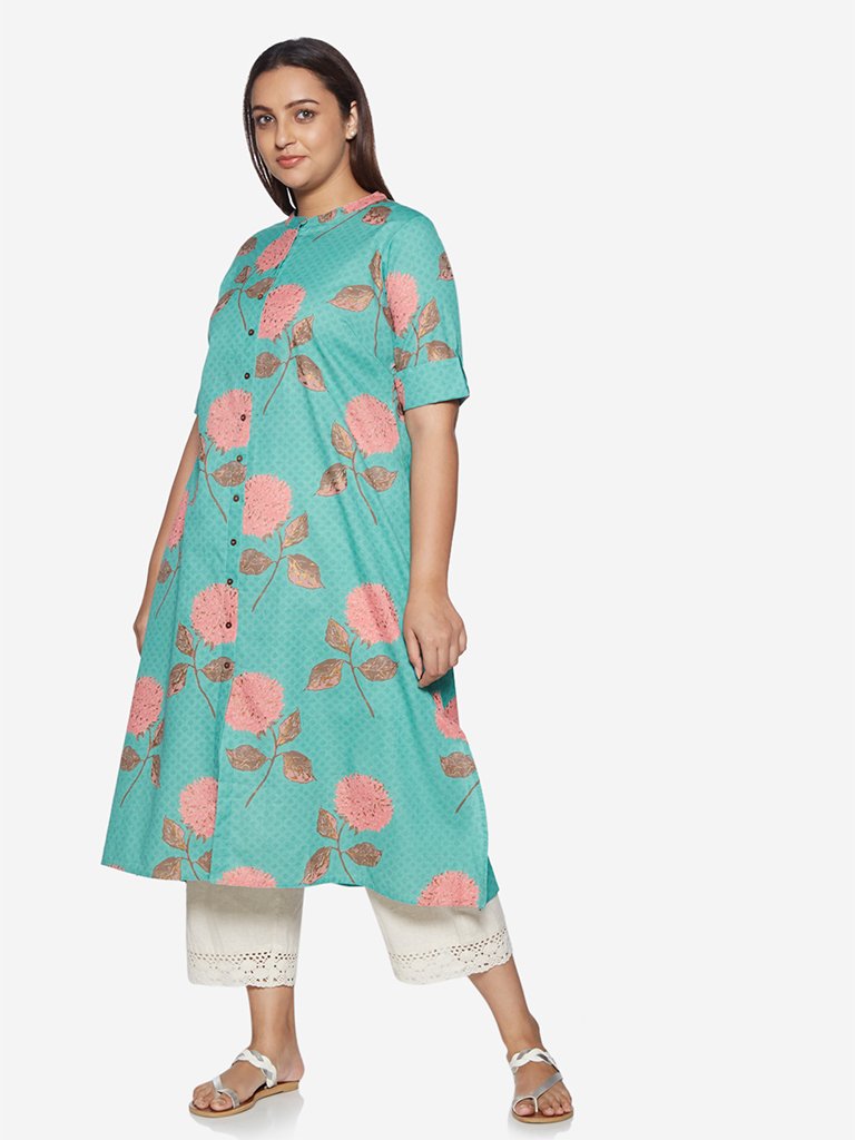 Diza Curve Turquoise Floral Print A-line Kurta