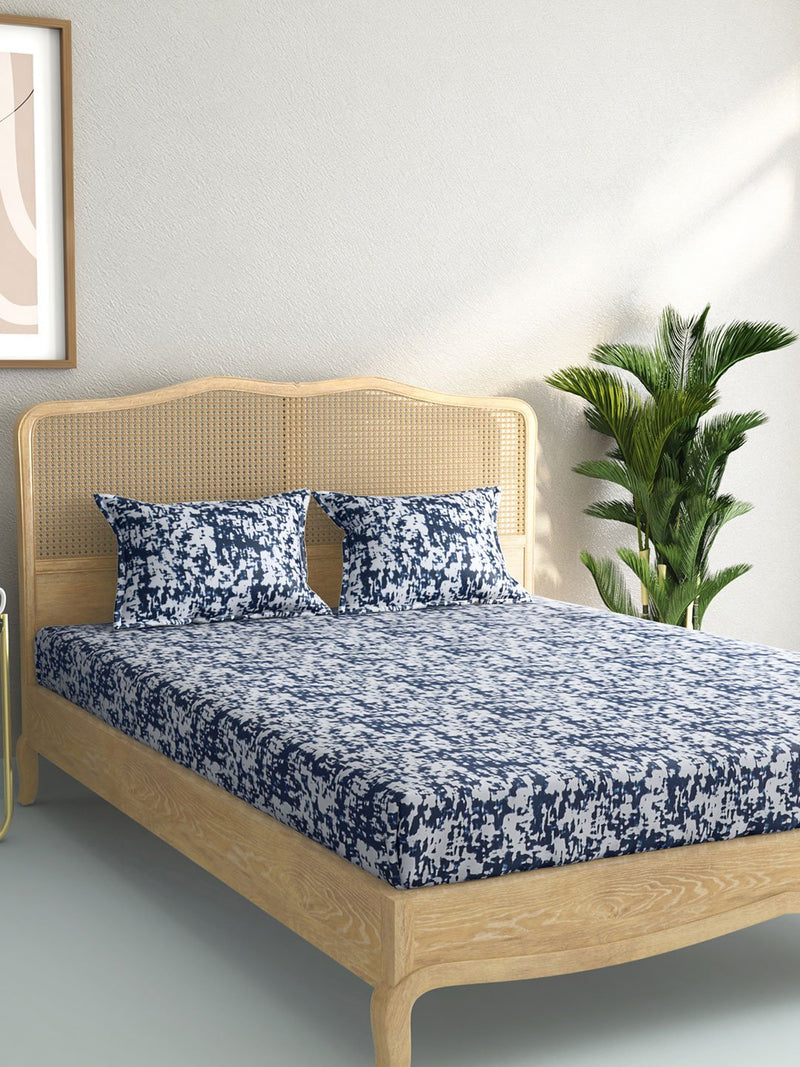 Westside Home Indigo Abstract Print Pure Cotton Double Bedsheet With Two Pillowcases