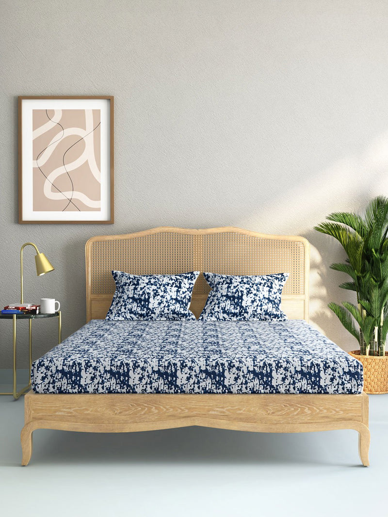 Westside Home Indigo Abstract Print Pure Cotton King Bedsheet With Two Pillowcases