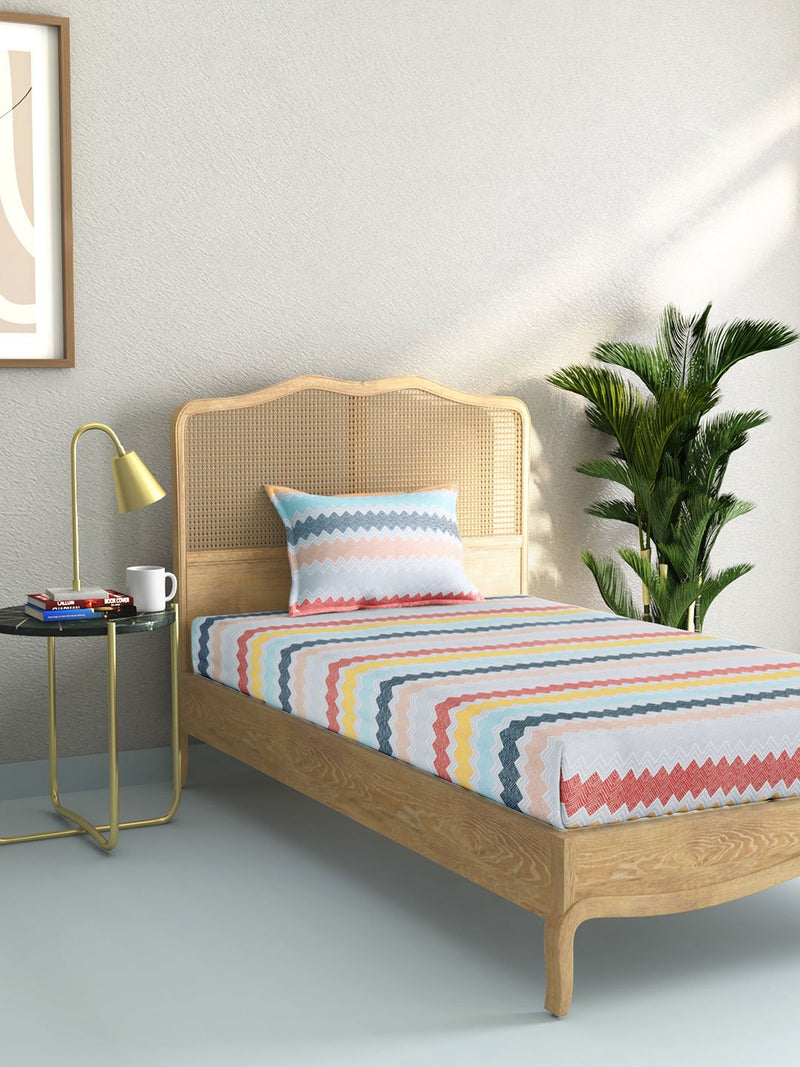 Westside Home Multicolour Chevron Print Pure Cotton Single Bedsheet With Pillowcase