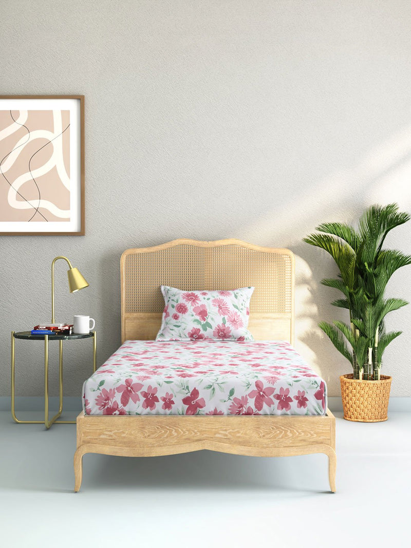 Westside Home Pink Floral Single Bedsheet With Pillowcase