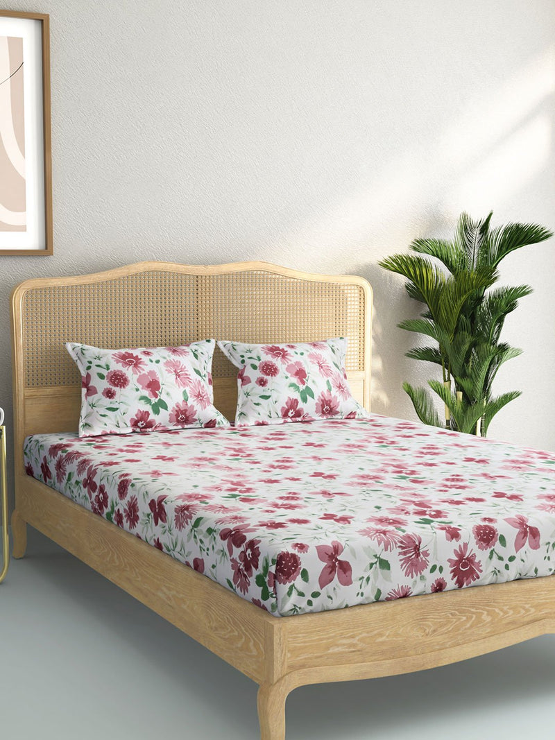 Westside Home Pink Floral Double Bedsheet With Two Pillowcases