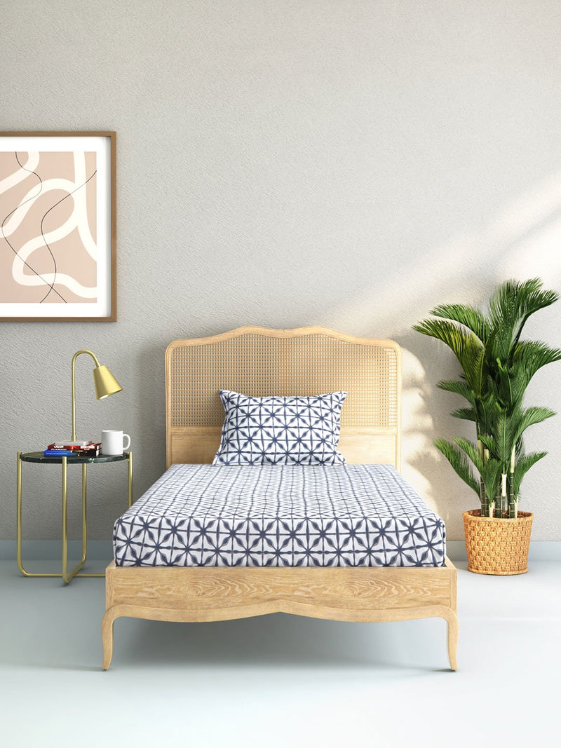 Westside Home Indigo Geometrical Print Pure Cotton Single Bedsheet With Pillowcase