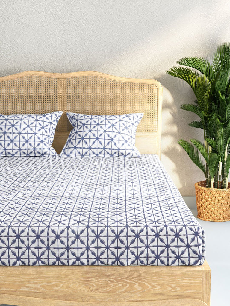 Westside Home Indigo Geometrical Print Pure Cotton King Bedsheet With Two Pillowcases