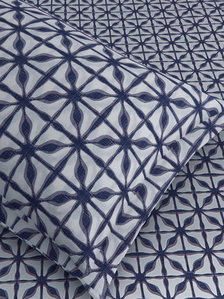 Westside Home Indigo Geometrical Print Pure Cotton King Bedsheet With Two Pillowcases