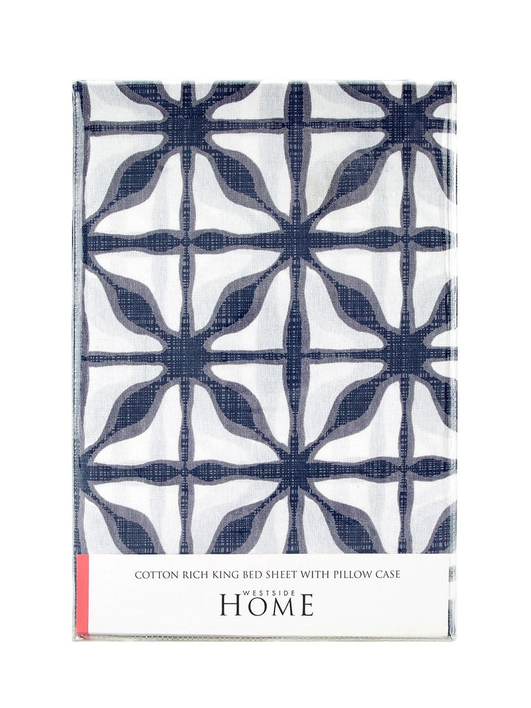 Westside Home Indigo Geometrical Print Pure Cotton King Bedsheet With Two Pillowcases