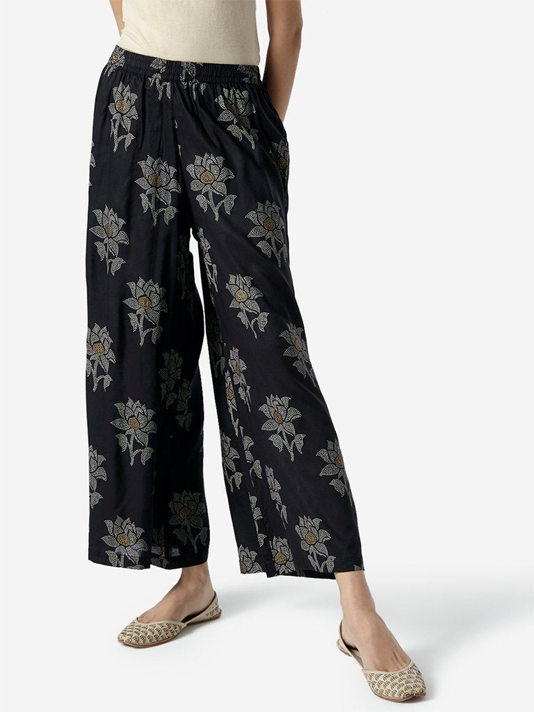 Zuba Black Floral Patterned Palazzos