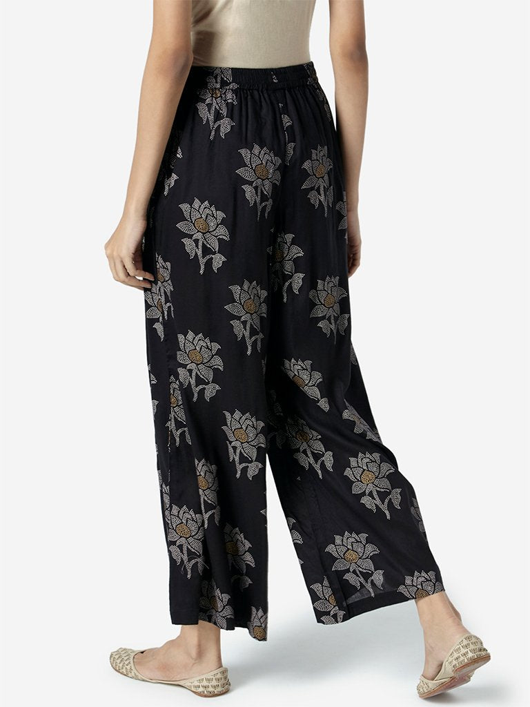 Zuba Black Floral Patterned Palazzos